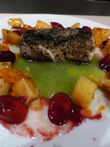 artichauts violets,vin blanc sec,bouillon de volaille,graines de fenouil,kumquats,pastis,jus d'orange,thym,ail,fenouil,xanthane,carottes,fond blanc,miel,vinaigre balsamique,pommes de terre,citrons,agar agar,gélatine,cabillaud,nori,algues,crevettes grises