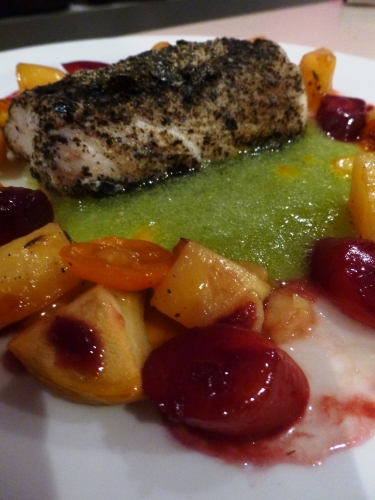 artichauts violets,vin blanc sec,bouillon de volaille,graines de fenouil,kumquats,pastis,jus d'orange,thym,ail,fenouil,xanthane,carottes,fond blanc,miel,vinaigre balsamique,pommes de terre,citrons,agar agar,gélatine,cabillaud,nori,algues,crevettes grises