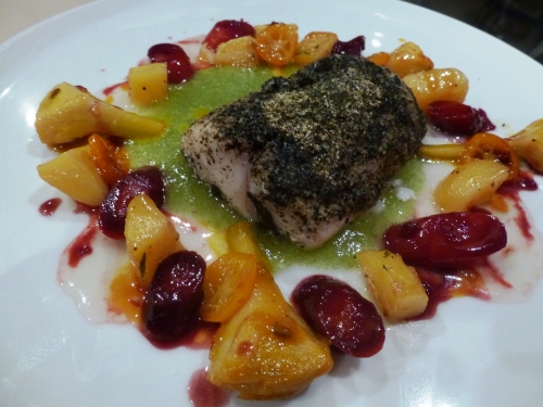 artichauts violets,vin blanc sec,bouillon de volaille,graines de fenouil,kumquats,pastis,jus d'orange,thym,ail,fenouil,xanthane,carottes,fond blanc,miel,vinaigre balsamique,pommes de terre,citrons,agar agar,gélatine,cabillaud,nori,algues,crevettes grises