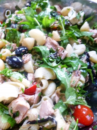 pâtes,piment,vinaigre balsamique,tomates cerises,pignons de pin,mozarella,olives noires,anchois,thon blanc,basilic,menthe,persil,origan,ciboulette,aubergine,ail,maïs,roquette,citron,gros sel