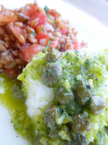 petit epeautre,tomates,oignon nouveau,basilic,citron,huile d'olive,ail,câpres,fleur de sel,burrata