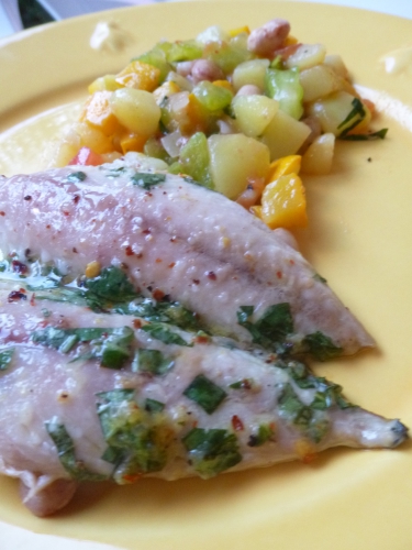 courgette jaune,tomate rouge,san marzano,tomate jaune,green zebra,grenailles,basilic,vinaigre balsamique,huile d'olive,citron,jeune oignon,ail,seafood & fish mélange santa maria,haricots rouges,maquereaux