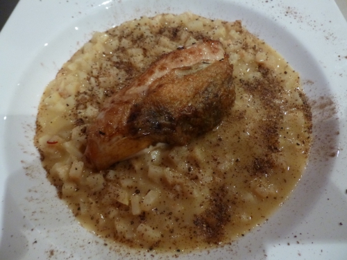 céleri-rave,arborio,carnaroli,vin blanc sec,safran,fleur de sel,beurre demi-sel,parmesan,citron,morilles sèchées,pintade,bouillon de volaille