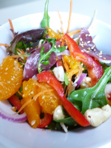 vinaigre de riz,huile de sésame,sambal oelek,fleur de sel,mandarines,jus de mandarines,poivrn rouge,oignon rouge,jeunes pousses,roquette,noix de cajou,magret de canard sèché,carottes,choux blanc,graines de sésame