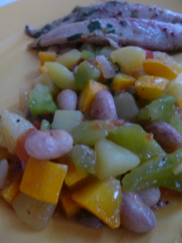 courgette jaune,tomate rouge,san marzano,tomate jaune,green zebra,grenailles,basilic,vinaigre balsamique,huile d'olive,citron,jeune oignon,ail,seafood & fish mélange santa maria,haricots rouges,maquereaux