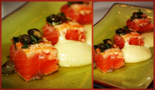 saumon,citron,huile d'olive,câpres,origan,ail,pain,amandes