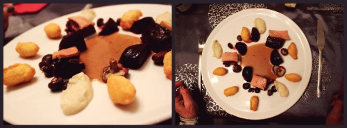 lièvre,râbles,parures,carotte,céleri rave,echalote,thym,laurier,foie gras mi-cuit,shii-také,cognac fine champagne,crème,fond de gibier,moutarde,gelée de coings,gingembre confit,beurre clarifié,baies de genièvre,grains de coriandre,citron,pectine,betteraves,fond blanc,vinaigre de xères,piment d'espelette,gros sel,topinambours,bouillon de volaille,lait,bintjes,pommes de terre,pate à coux,oeufs,beurre,farine