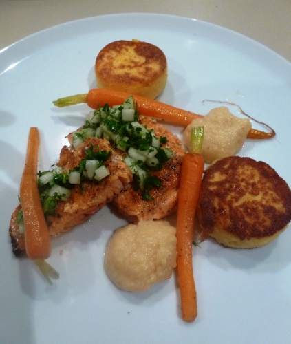 omble chevalier,fleur de sel,miel,réglisse,vinaigre de xères,scorcenère,citron,mimolette,beurre clarifié,lait,bouillon de volaille,noix de muscade,polenta,bouillon de légumes,fenouil,poire conférence,poire,céleri vert,ciboulette,carottes,sucre