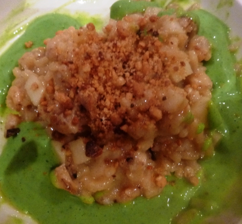 skrei,crevettes grises,bouillon de volaille,riz carnarolli,echalote,vin blanc sec,parmesan,crème epaisse,citron,granny smith,gomme xanthane,yaourt grec,ail,cresson de fontaine,arachides,amandes,pourpier