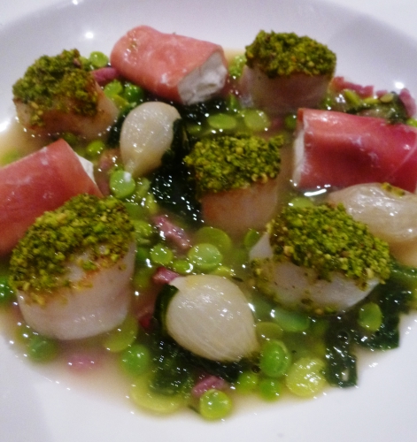 coquilles,mycrio,pistaches,jambon de bayonne,jambon ibérique,chèvre frais,gélatine,bouillon de volaille,piment de cayenne,citron,crème,laitue,petits pois,lard fumé,fèves des marais,oignons grelots,fond blanc,thym,persil