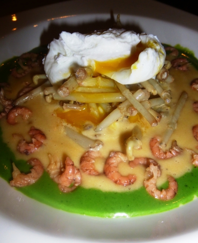 jets de houblon,citron,crème,muscade,oeufs,crevettes grises,cresson de fontaine,pommes de terre,bouillon de volaille,fumet de crustacé,truite saumonée fûmée,poireau,céleri blanc,oignon,crème épaisse,xanthane