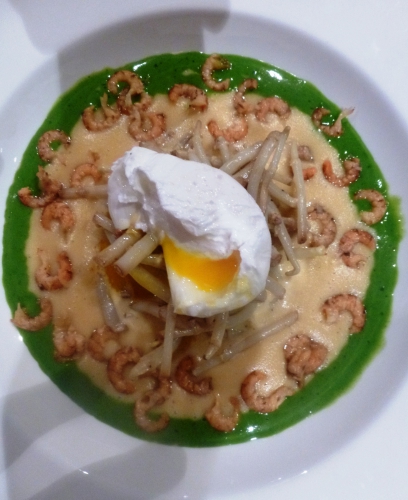 jets de houblon,citron,crème,muscade,oeufs,crevettes grises,cresson de fontaine,pommes de terre,bouillon de volaille,fumet de crustacé,truite saumonée fûmée,poireau,céleri blanc,oignon,crème épaisse,xanthane