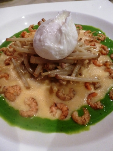 jets de houblon,citron,crème,muscade,oeufs,crevettes grises,cresson de fontaine,pommes de terre,bouillon de volaille,fumet de crustacé,truite saumonée fûmée,poireau,céleri blanc,oignon,crème épaisse,xanthane