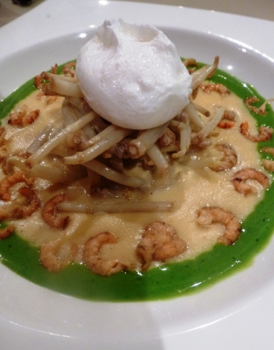 jets de houblon,citron,crème,muscade,oeufs,crevettes grises,cresson de fontaine,pommes de terre,bouillon de volaille,fumet de crustacé,truite saumonée fûmée,poireau,céleri blanc,oignon,crème épaisse,xanthane