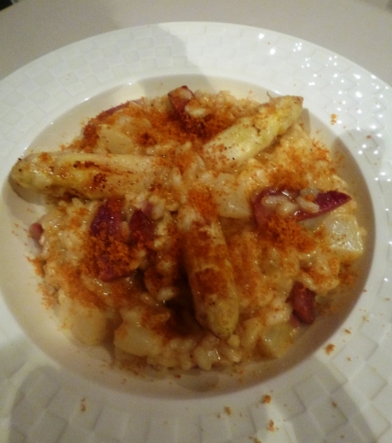 poutargue,bouillon d'asperges,fond de volaille,coppa,asperges blanches,noilly prat,mimolette,riz arborio,riz carnaroli,beurre clarifié