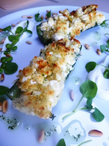 concombre,panko,feta,thym,ail,yaourt grec,fèves des marais,citron,huile de pépins de raisins,menthe,pignons de pin,huile d'olive,cresson,pourpier