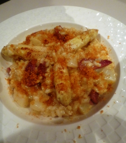 poutargue,bouillon d'asperges,fond de volaille,coppa,asperges blanches,noilly prat,mimolette,riz arborio,riz carnaroli,beurre clarifié