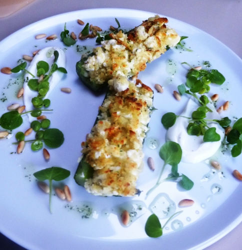 concombre,panko,feta,thym,ail,yaourt grec,fèves des marais,citron,huile de pépins de raisins,menthe,pignons de pin,huile d'olive,cresson,pourpier