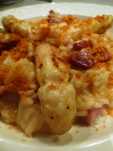 poutargue,bouillon d'asperges,fond de volaille,coppa,asperges blanches,noilly prat,mimolette,riz arborio,riz carnaroli,beurre clarifié