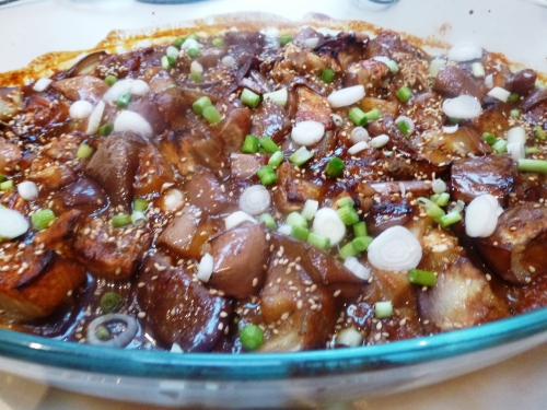 aubergines,miso,jeunes oignons,graines de sésame,saké,mirin,sucre