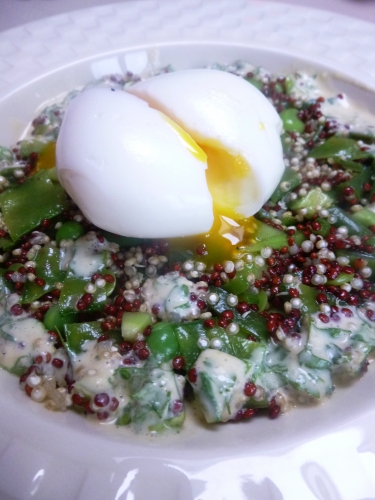 Quinoa Blanc, Quinoa Rouge, Haricots Princesses, Haricots Plats, Haricots Gourmands, Petits Pois, Fèves des Marais, Concombre, Moutarde, Oeufs, Vinaigre de Vin Rouge, Huile de Tournesol, Huile d'Olive, Cerfeuil, Ail, Yaourt 