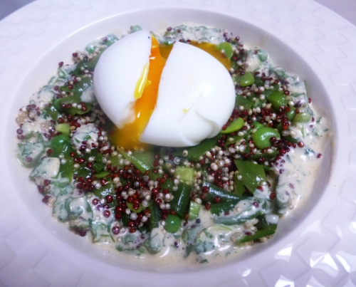 Quinoa Blanc, Quinoa Rouge, Haricots Princesses, Haricots Plats, Haricots Gourmands, Petits Pois, Fèves des Marais, Concombre, Moutarde, Oeufs, Vinaigre de Vin Rouge, Huile de Tournesol, Huile d'Olive, Cerfeuil, Ail, Yaourt 