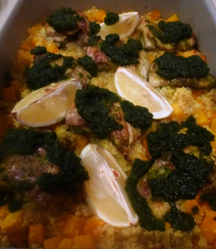 citron,citron vert,poulet,semoule,coriandre,cumin,butternut,huile d'olive,bouillon de volaille