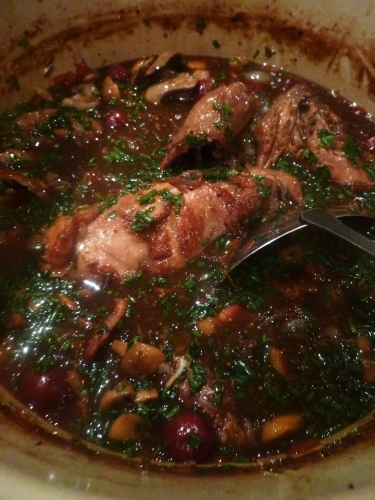 lapin,kriek,fond brun,bouillon de volaille,sucre brun,vinaigre de cidre,moutarde,carotte,céleri,oignons,ail,champignons,lard fumé,oignons grelots,sariette,baies de genièvre,thym,cerises du nord,ciboulette,persil