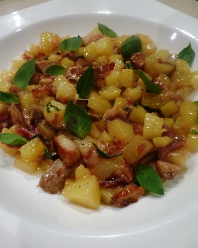 pommes de terre,beurre,parmesan,ail,fond de volaille,cèpes,jambon de bayonne,basilic thaï