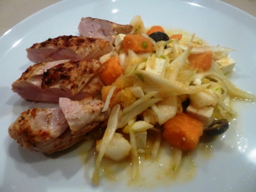 poulet,piment d'espelette,citron,huile d'olive,fenouil,patates douces,olives noires,ffeta,oranges,poires