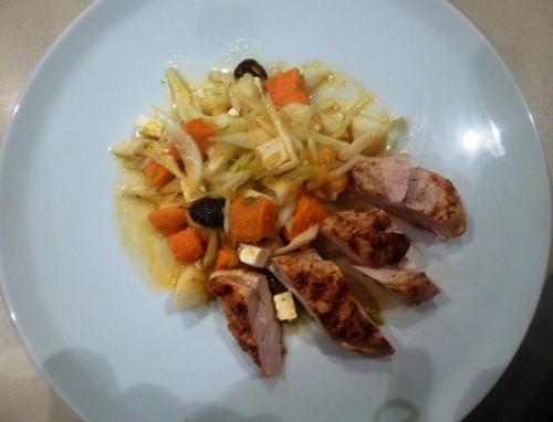 poulet,piment d'espelette,citron,huile d'olive,fenouil,patates douces,olives noires,ffeta,oranges,poires