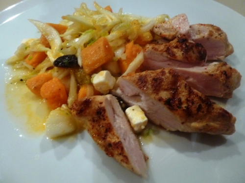 poulet,piment d'espelette,citron,huile d'olive,fenouil,patates douces,olives noires,ffeta,oranges,poires