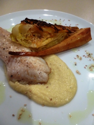 sébaste,vadouvan,huile de pépins de raisins,ail,chou pointu,cumin,huile de colza,huile de sésame,vinaigre de riz,graines de sésame,panais,bouillon de volaille,fond de volaille,huile de maïs,crème,citron