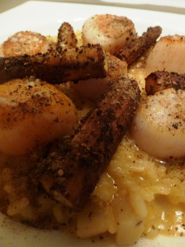 carnarolli,arborio,vermouth,echalote,coquilles st jacques,scorcenere,mimolette,bouillon de volaille,poudre de morilles,crème epaisse,huile de noisettes,céleri blanc