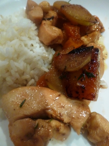 poulet,chou-rave,abricots secs,noix de cajou,fond de volaille,sirop d'erable,thym,citron