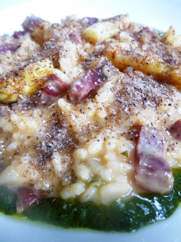 bouillon d'asperges,asperges blanches,poudre de morilles,mâche,oseille,crème,huile d'olive,coppa,echalote,noilly prat,citron,laurier,mimolette,riz à risotto