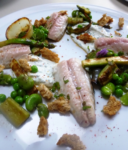 maquereau,pain de campagne,citron,citron vert,piment d'espelette,huile d'olive,fèves,petits pois,asperges vertes,concombres,yaourt grec,menthe,estragon,citronelle,ciboulette,oignon,cerfeuil,fleur de sel,fond de volaille