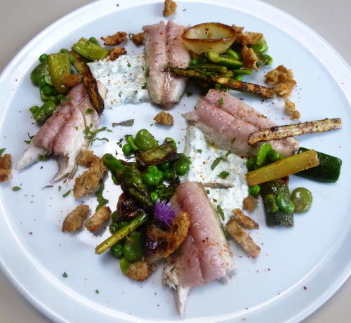 maquereau,pain de campagne,citron,citron vert,piment d'espelette,huile d'olive,fèves,petits pois,asperges vertes,concombres,yaourt grec,menthe,estragon,citronelle,ciboulette,oignon,cerfeuil,fleur de sel,fond de volaille