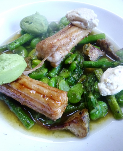 roussette,fèves des marais,asperges vertes,artichauts,chèvre frais,moutarde au miel,avocat,huile d'olive,jus de citron,livèche,estragon,persil,oseille,epinards,sauge,coriandre,coriandre en grains,anis etoilé,anis,canelle,vinaigre de vin rouge,fumet de poisson,fond de volaille blanc,poivre noir,miel,sauce soja,graines de fenouil,feuilles de citronelle