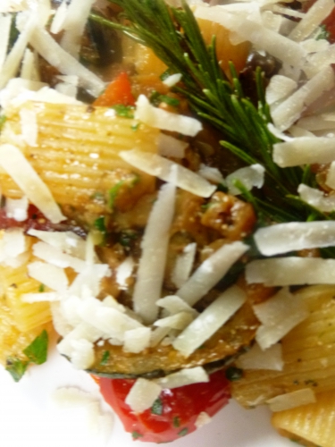 rigatoni,tomates,courgette,aubergine,poivrons,ail,romarin,piment d'espelette,huile d'olive,persil,parmesan,san marzano