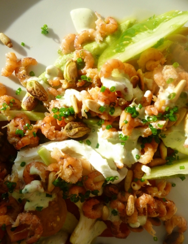 marmande,green zebra,noir de crimée,cherry tomate,tomate tigre,huile d'olive,vinaigre balsamique,pignons,pistaches,artichaut,citron,citron vert,avocat,piment d'espelette,pesto,mozzarella,mayonnaise,yaourt,crevettes grises,ciboulette