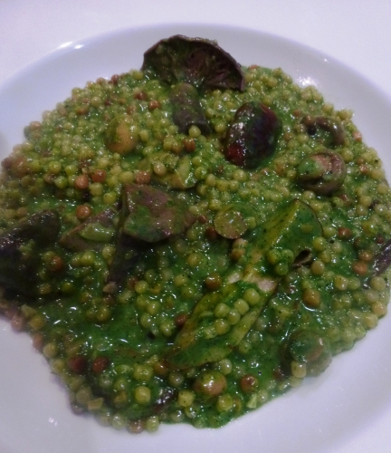 fregola sarde,echalote,ail,noilly prat,crème,parmesan,beurre,agarics,lactaires,cèpes,champignons de paris,pieds bleus,huile d'olive,shiitake,poireau,carottes,origan,thym,persil,roquette,estragon,ciboulette,cerfeuil,oignons,epinards,citron