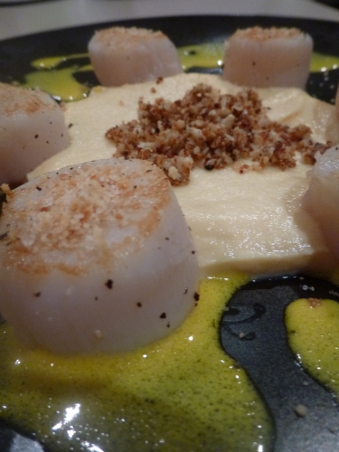 choufleur,mimolette,crème,lait,beurre,bouillon de volaille,citron,noisettes,fleur de sel,coquilles st jacques,mycrio,citron vert,echalotes,safran,curcuma,vin blanc sec,noilly prat,fumet de poisson