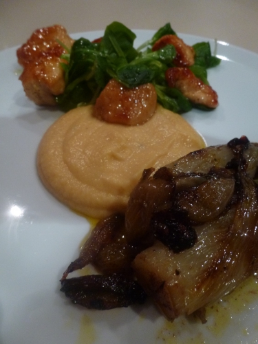 panais,mimolette,crème,lait,bouillon de volaille,chicons,foie gras,muscade,bouillon de légumes,poulet,vinaigre balsamique,sirop d'erable