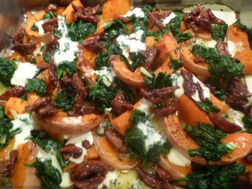 Butternut, Epinards, Cumin, Stilton, Crème Epaisse, Thym, Ail, Muscade, Piment d'Espelette, Canard,  