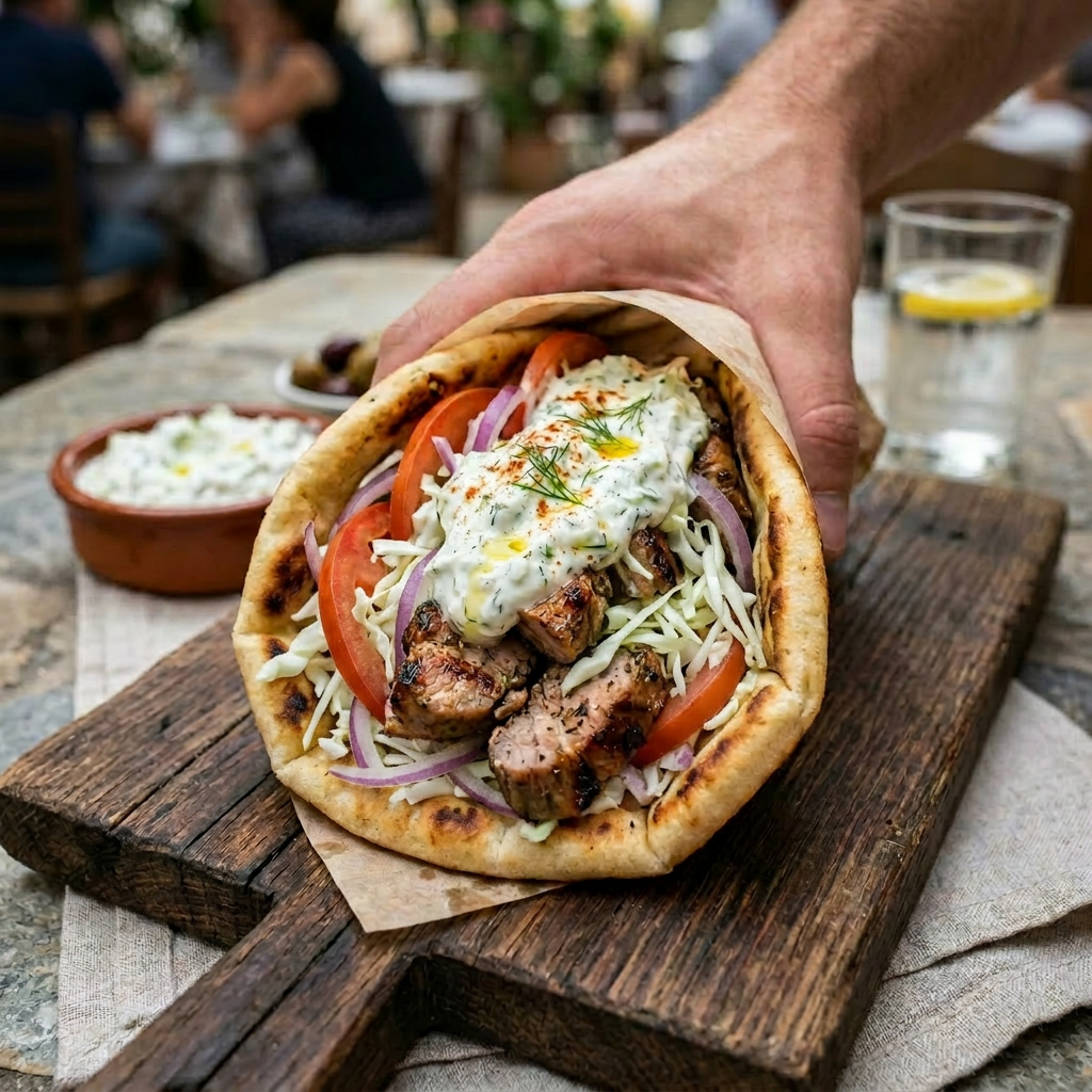 Gyro wrap with grilled chicken, lettuce, tomato, onions, and tzatziki sauce